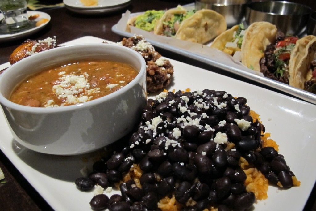 charro beans and black beans with red chile rice